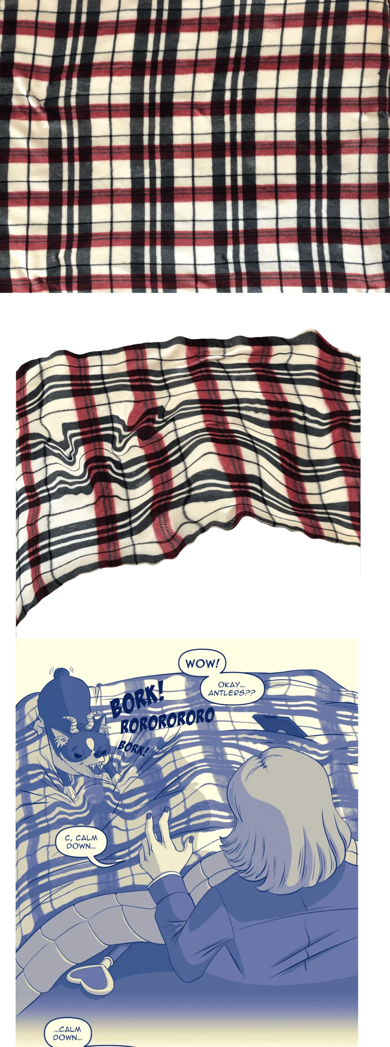 Affinity Photo used on a flat texture of my blanket to liquify and shape it into the wrinkles and perspective of the bed