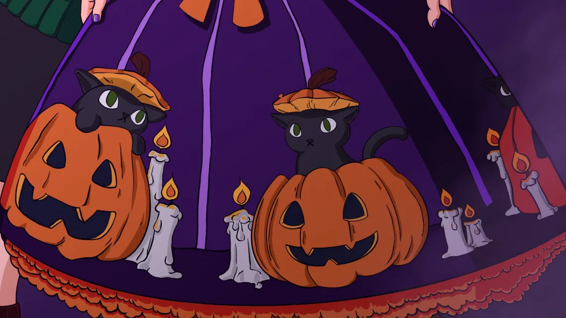 Hey, Can You Not? | Kamiko and Samantha Lolita Dress Cat Pumpkin Print | Halloween Lolita Fashion | This Mortal Coil Webcomic