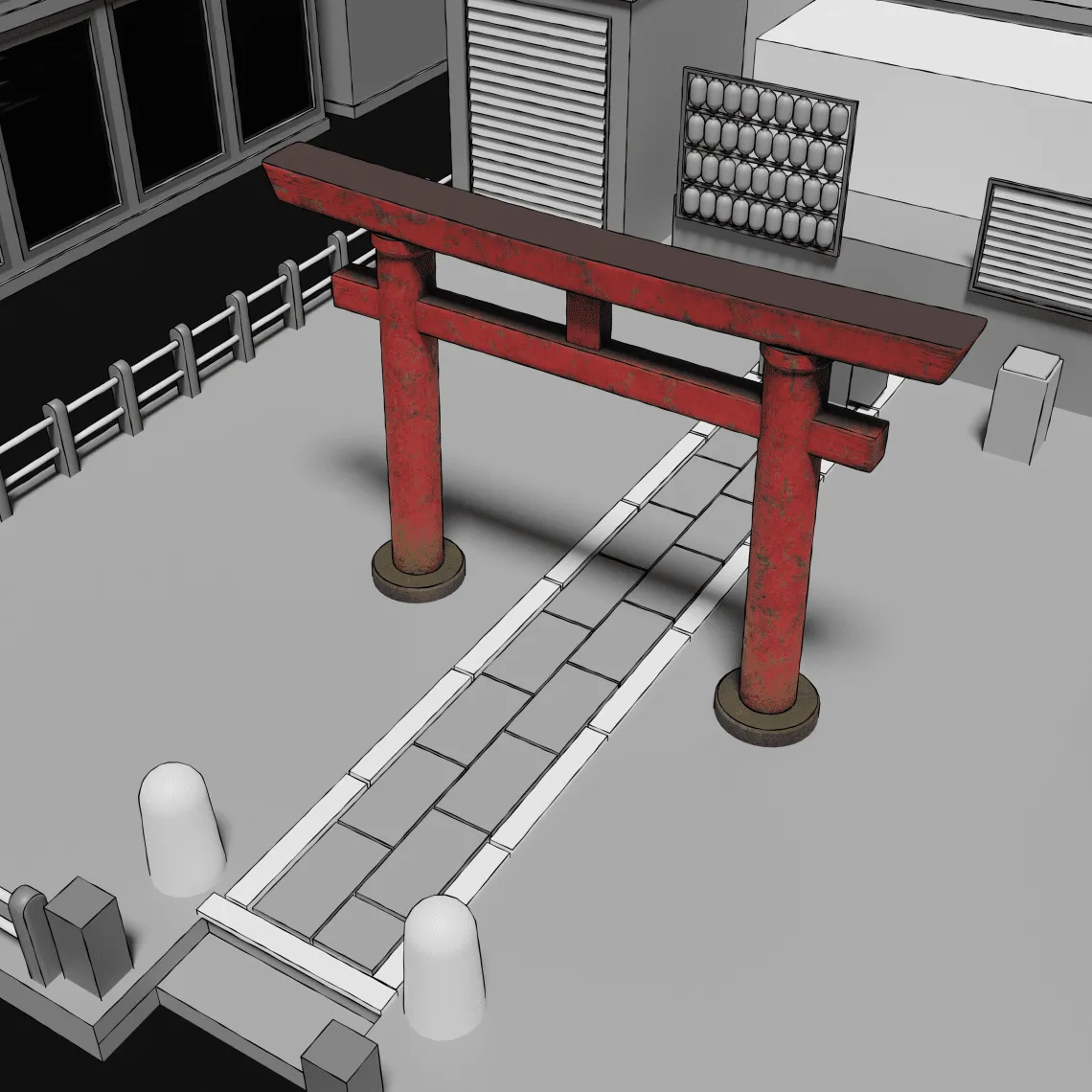 Blender mockup of park and Torii gate.