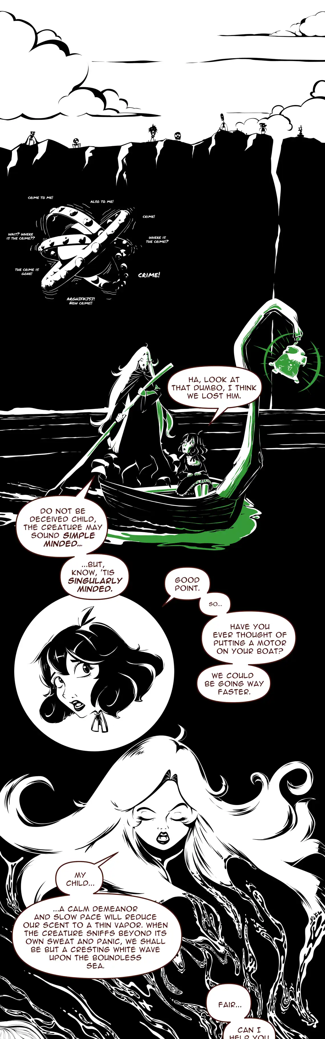 Kamiko and the Ferrywoman flee the shore of the Mortal Realm on a gondola. The comic is black and white and high contrast and depicts a stylized sea, where our characters discuss how to flee the ophanim.