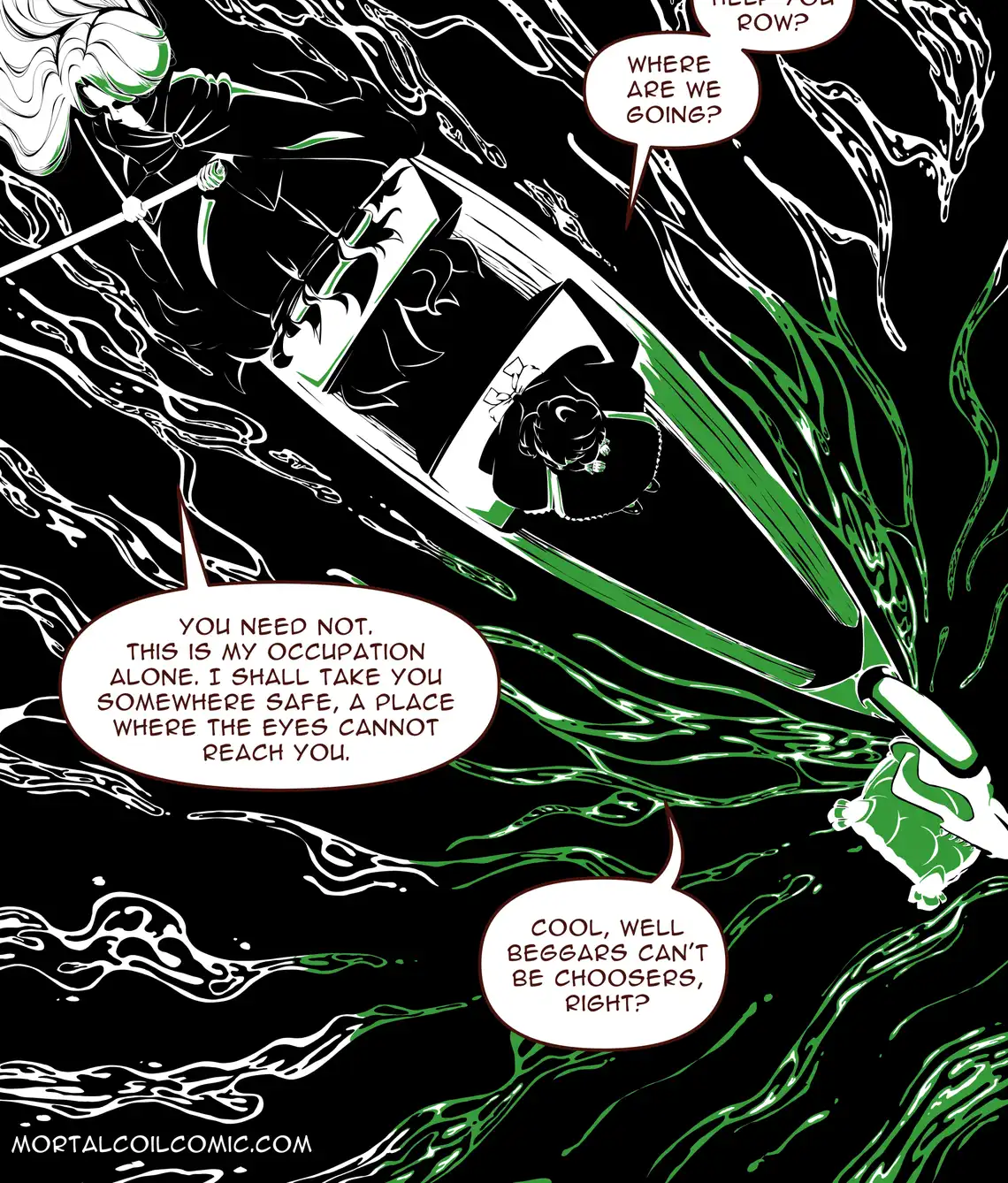 Kamiko and the Ferrywoman flee the shore of the Mortal Realm on a gondola. The comic is black and white and high contrast and depicts a stylized sea, where our characters discuss how to flee the ophanim.