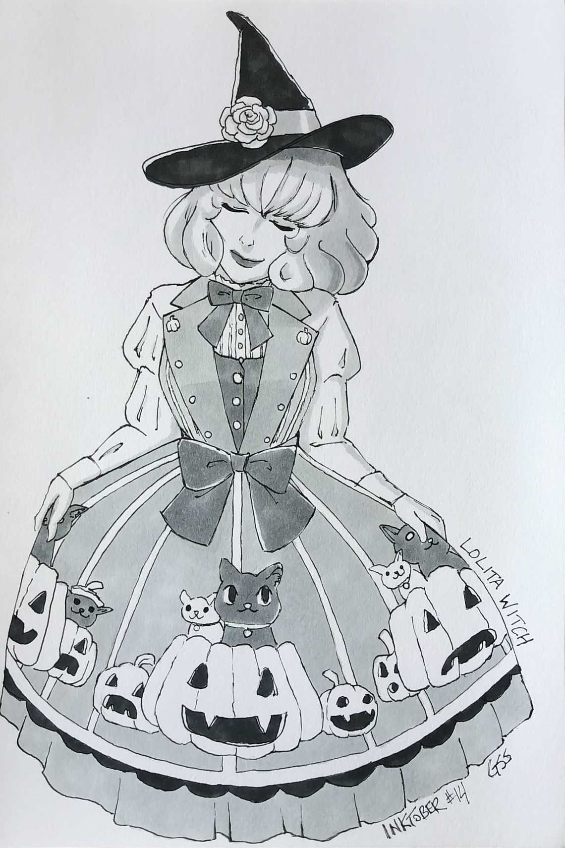 Inktober 2019 | Kamiko as a Witch Lolita with Cats in her Dress