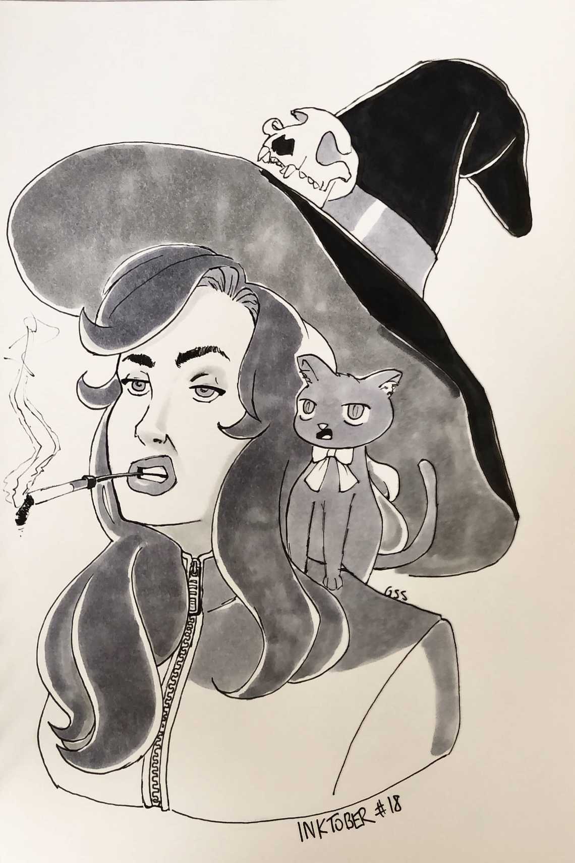 Samantha the Smoking Witch with cat